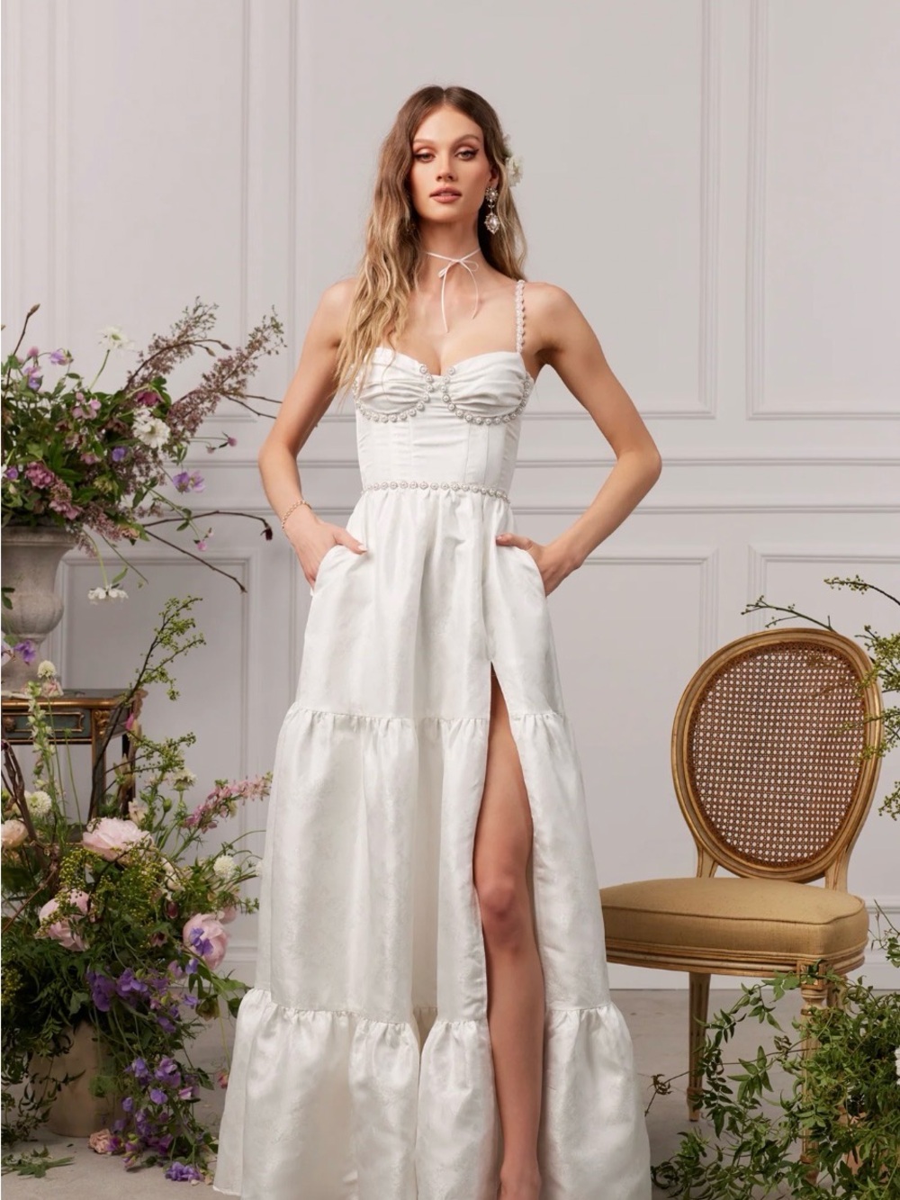 V. Chapman White Satin Spaghetti Strap Maxi Dress with Front Slit